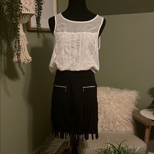 Elegant Black Fringe Skort paired with white tank blouse WHOLE OUTFIT